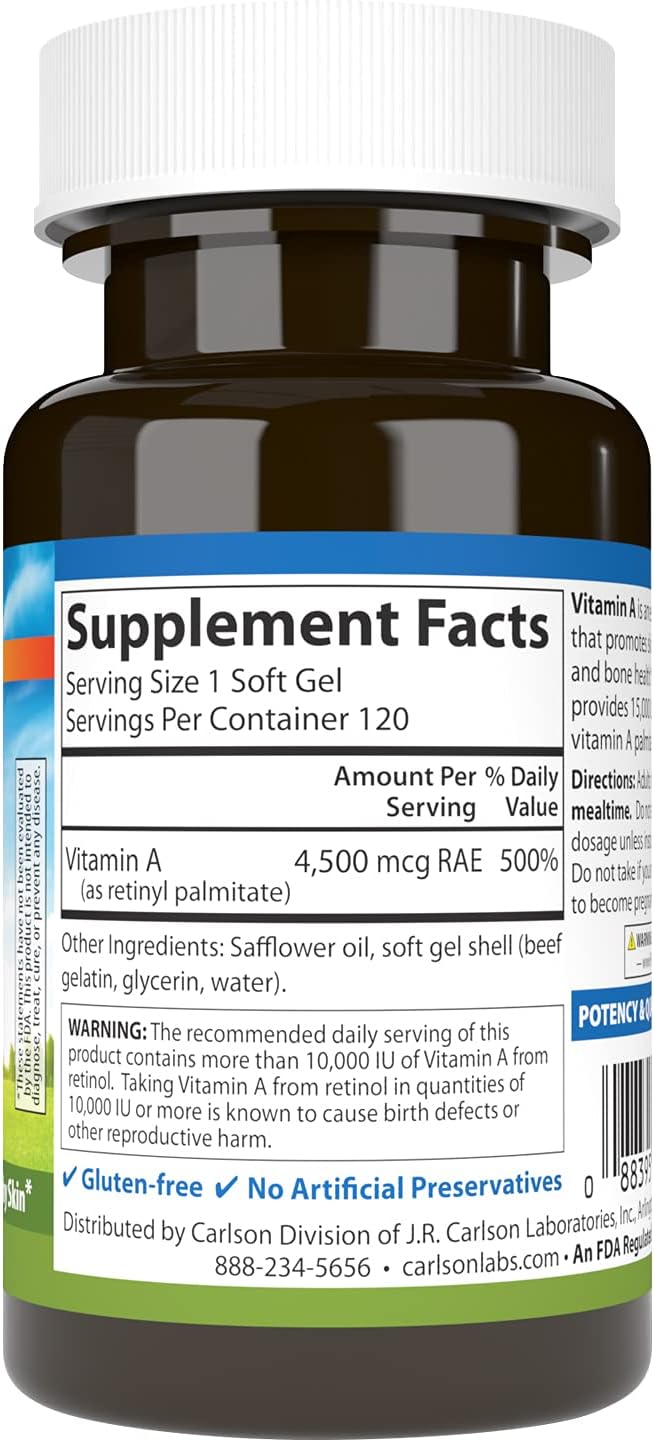 Carlson - Vitamin A, 15000 IU Palmitate (4500 mcg RAE), Eye and Skin Health, 120 Soft Gels