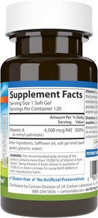 Carlson - Vitamin A, 15000 IU Palmitate (4500 mcg RAE), Eye and Skin Health, 120 Soft Gels