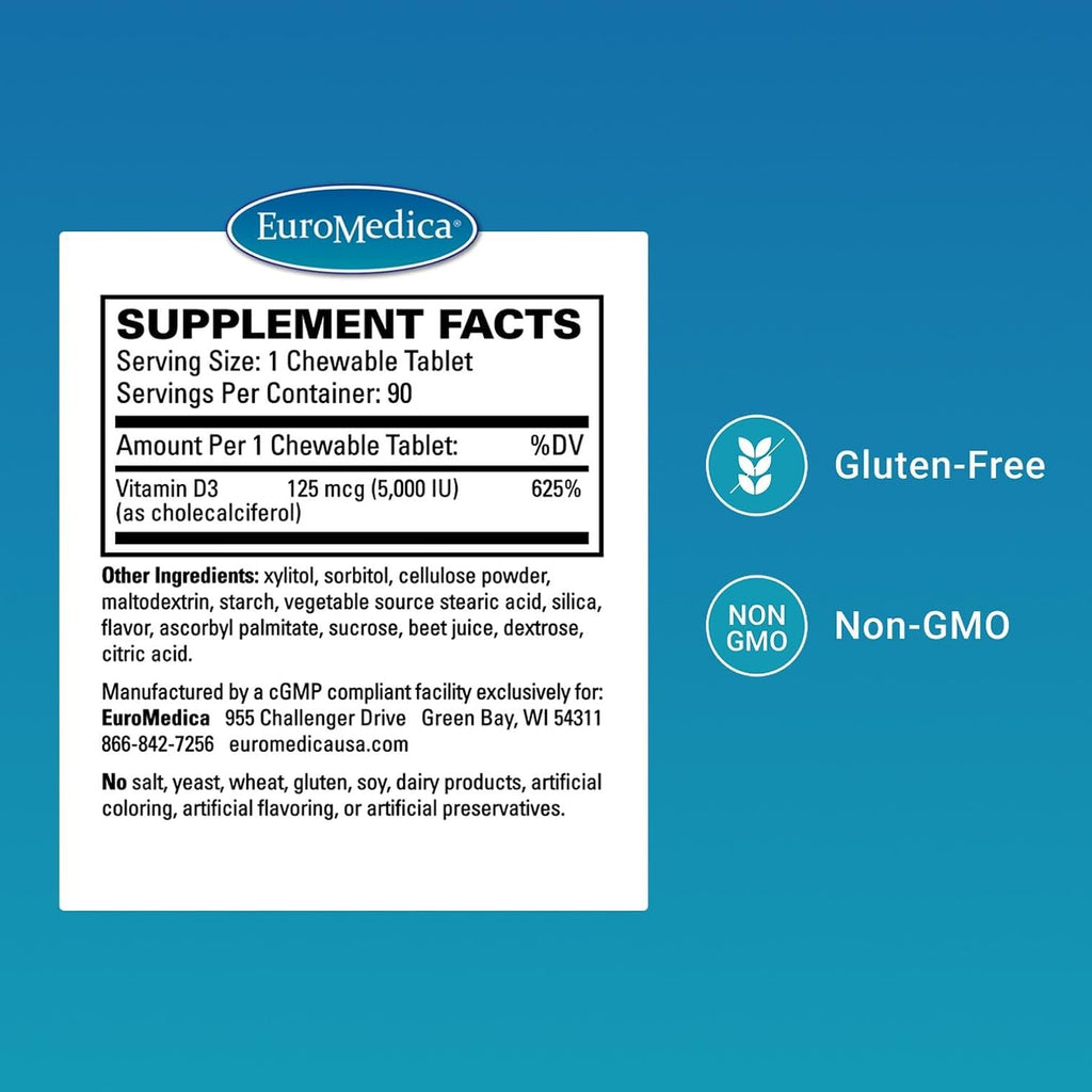 EuroMedica Vitamina D3, Bayas Mixtas - 90 Comprimidos Masticables - 5000 UI