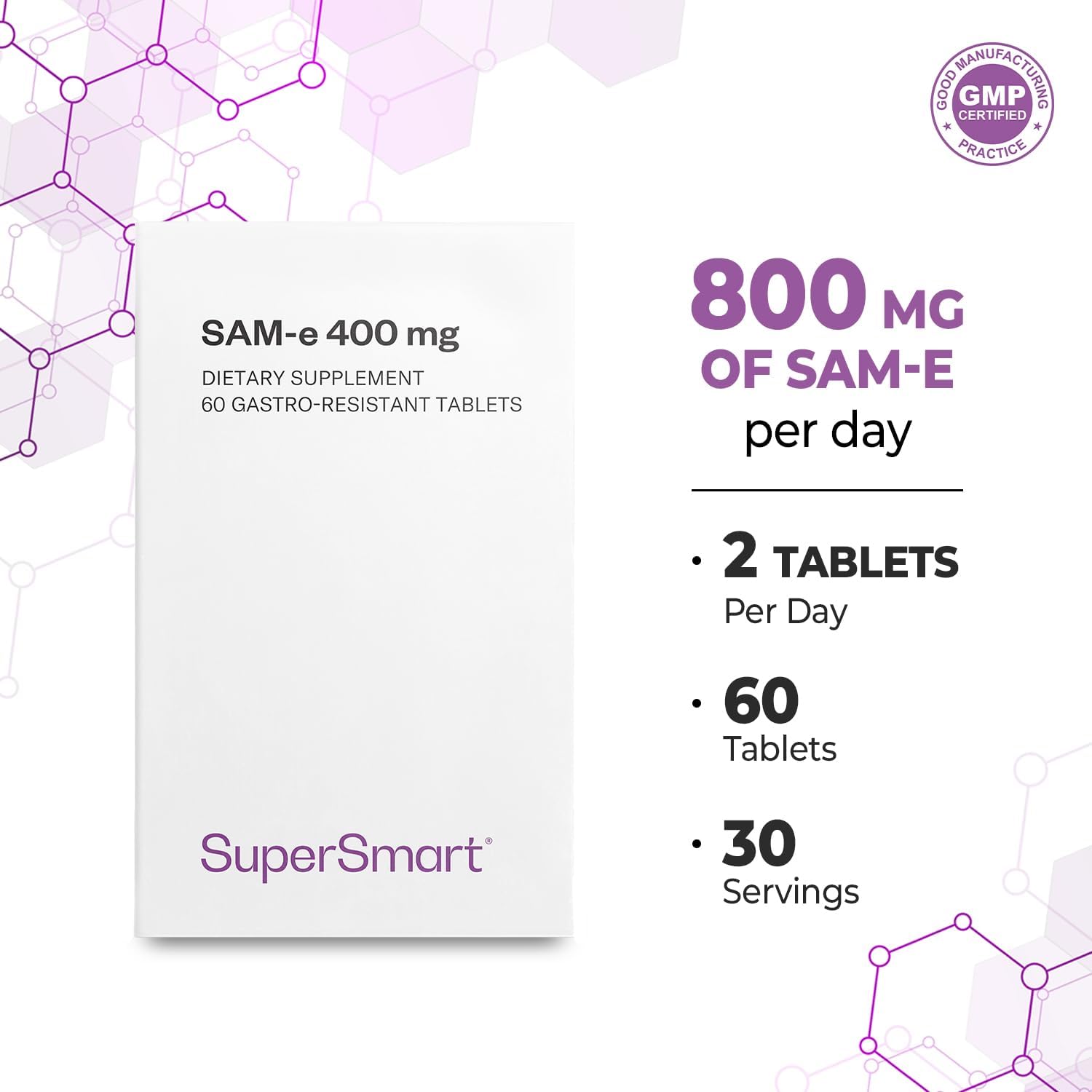 Supersmart SAM-e 400mg (80% Isómero Activo S,S) - 60 Comprimidos Recubiertos