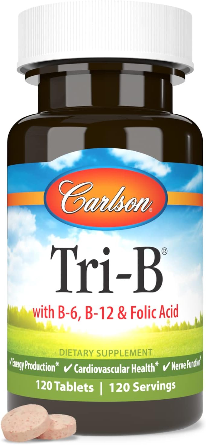 Carlson Tri-B Complejo de Vitamina B - 25 mg B6, 400 mcg B12, Ácido Fólico - 120 Comprimidos