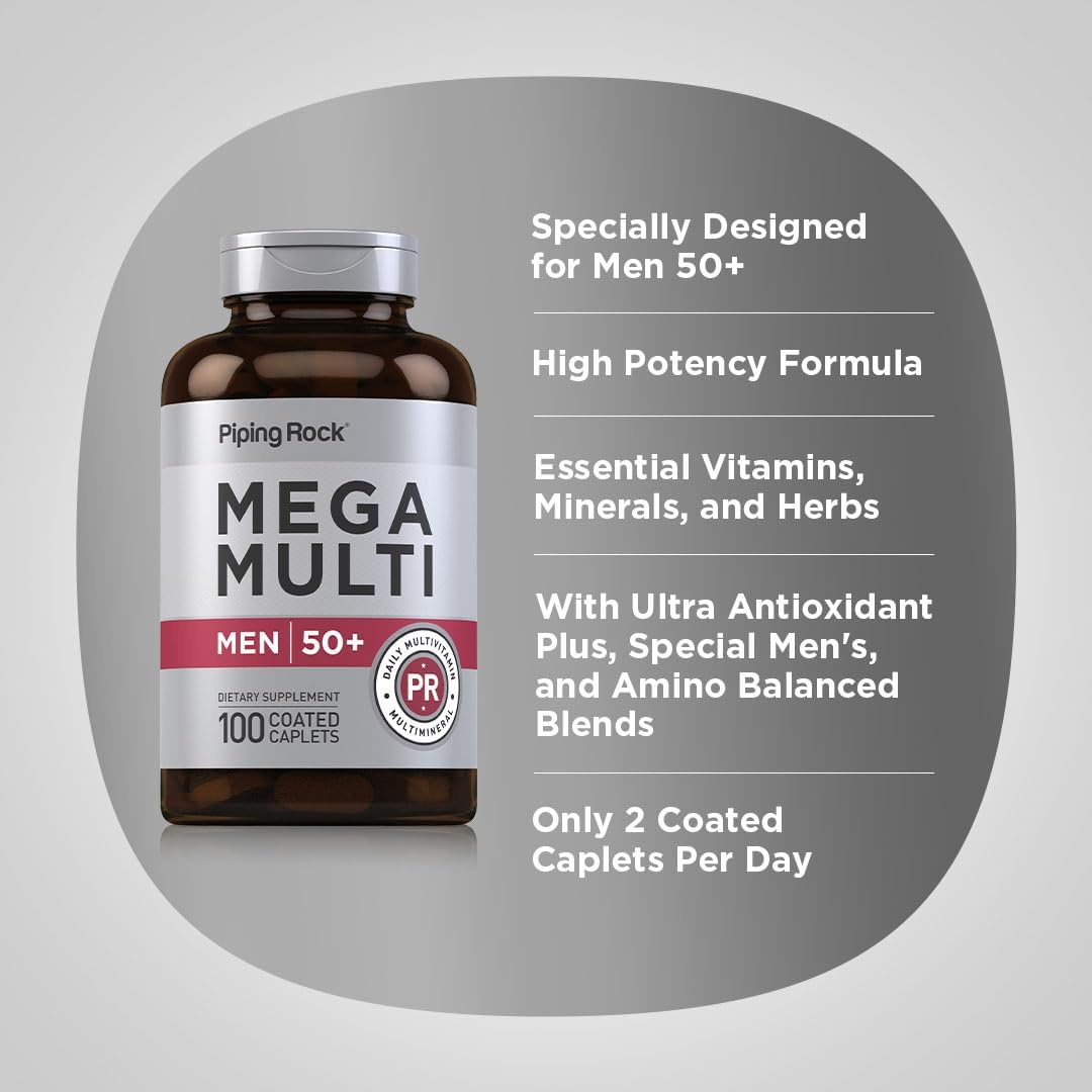 Piping Rock Multivitamínico para Hombres Mayores de 50 Plus | 100 Tabletas | con Vitamina D3, Potasio y Folato | Suplemento Mineral Diario | Sin Transgénicos, Sin Gluten