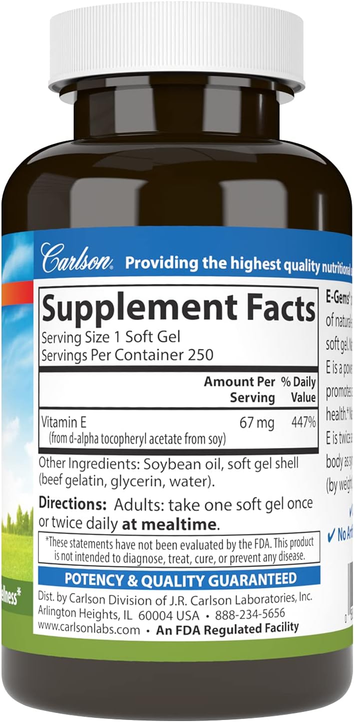 Carlson E-Gems, 100 UI, 250 cápsulas blandas - Vitamina E Natural