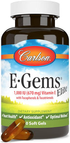 Carlson - E-Gems Elite, 1000 UI (670 mg) Vitamina E con Tocoferoles y Tocotrienoles, Bienestar Óptimo, 60 Cápsulas Blandas