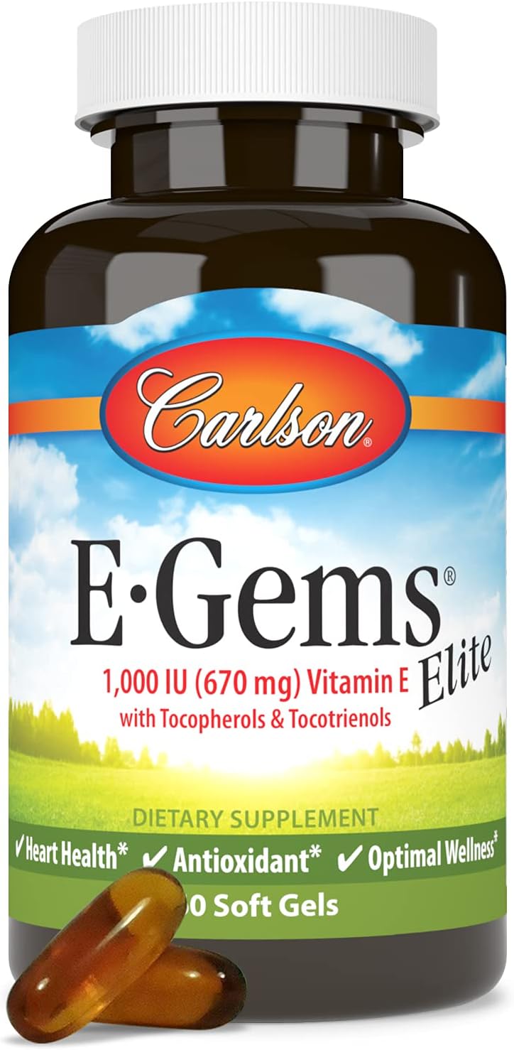 Carlson - E-Gems Elite, 1000 UI (670 mg) Vitamina E con Tocoferoles y Tocotrienoles, Bienestar Óptimo, 60 Cápsulas Blandas