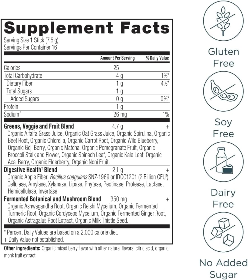 Ancient Nutrition SuperGreens en Polvo con Probióticos, Sabor Bayas Orgánico, 16 Sticks