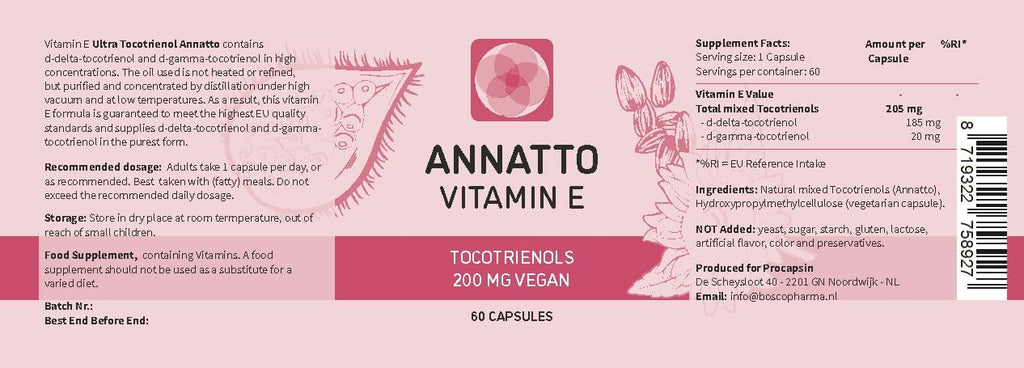 Procapsin Annatto Tocotrienoles Vitamina E Vegana, Sin Tocoferoles, 200 mg, 60 Cápsulas
