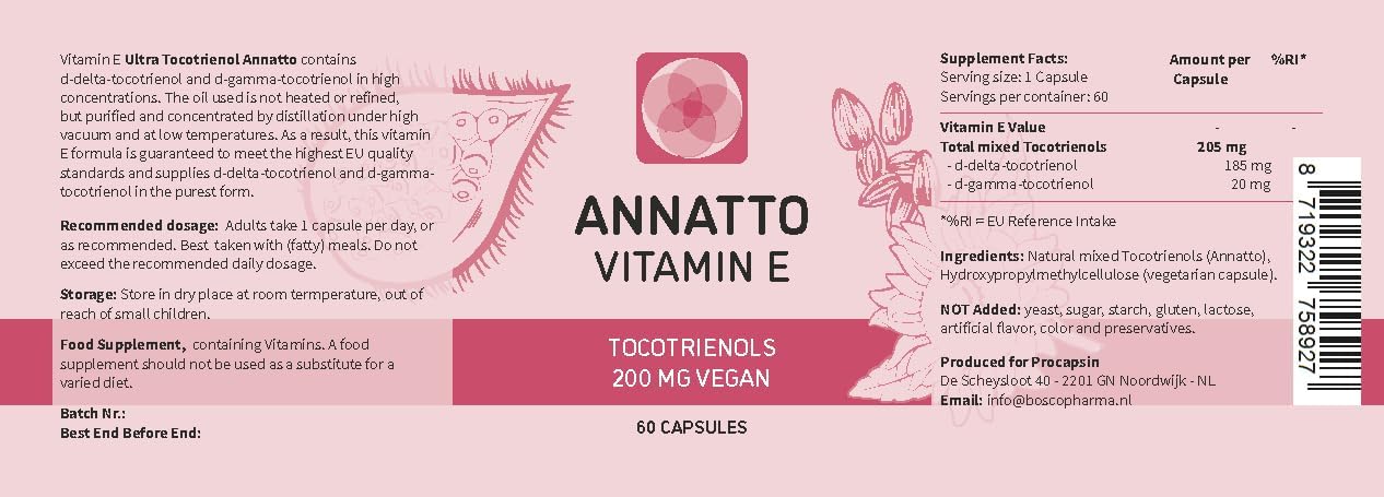 Procapsin Annatto Tocotrienoles Vitamina E Vegana, Sin Tocoferoles, 200 mg, 60 Cápsulas