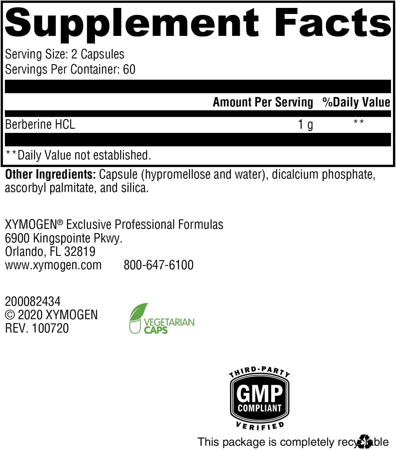 XYMOGEN Berberina - Suplemento de Berberina HCL de origen vegetal para el apoyo metabólico celular e inmunitario* - Sin OGM, sin gluten, vegano - 120 cápsulas