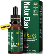 Gotas Orgánicas de Vitamina D3 y K2 con Aceite MCT, 10.000 UI + 100 mcg (MK-7), 320 Dosis