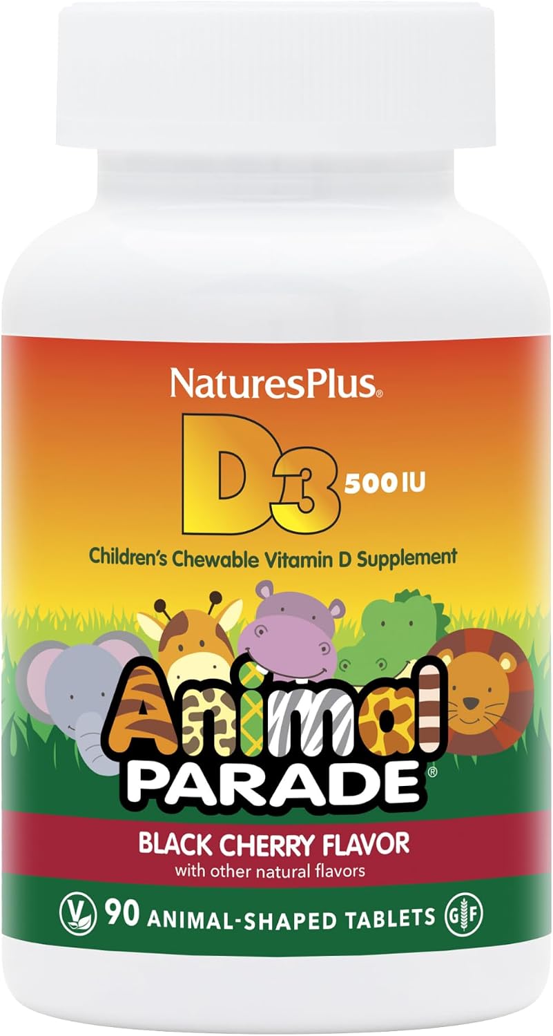 NaturesPlus Animal Parade Vitamina D3 para Niños - Comprimidos Masticables Sabor Cereza Negra - 90 Comprimidos (Pack de 2) - 180 Dosis Totales