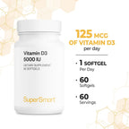 Supersmart - Vitamina D3 5000 UI (125mcg) - High Potency and Bioavailability - with Sunflower Oil | Non-GMO and Gluten-Free - 60 Softgels