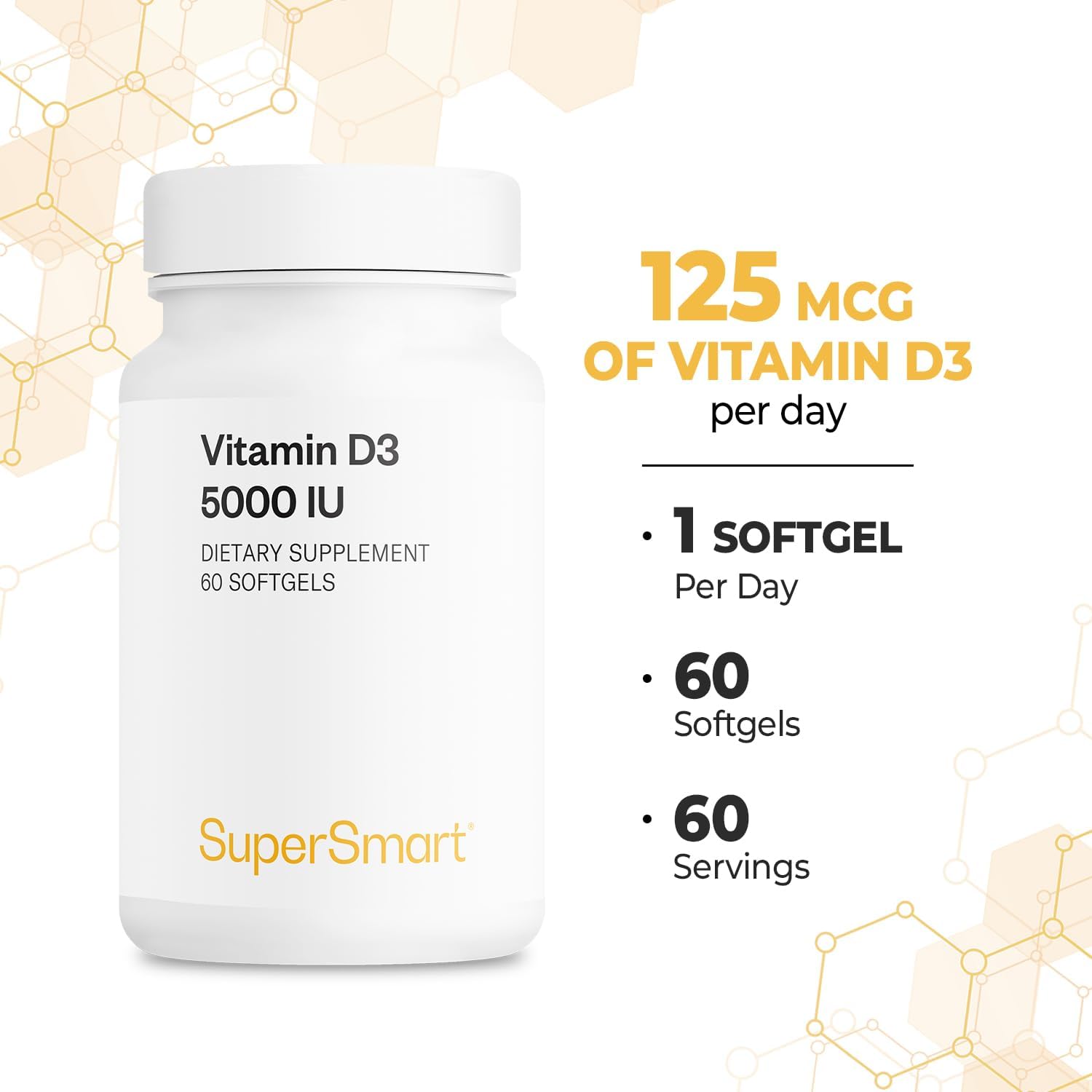 Supersmart - Vitamina D3 5000 UI (125mcg) - High Potency and Bioavailability - with Sunflower Oil | Non-GMO and Gluten-Free - 60 Softgels