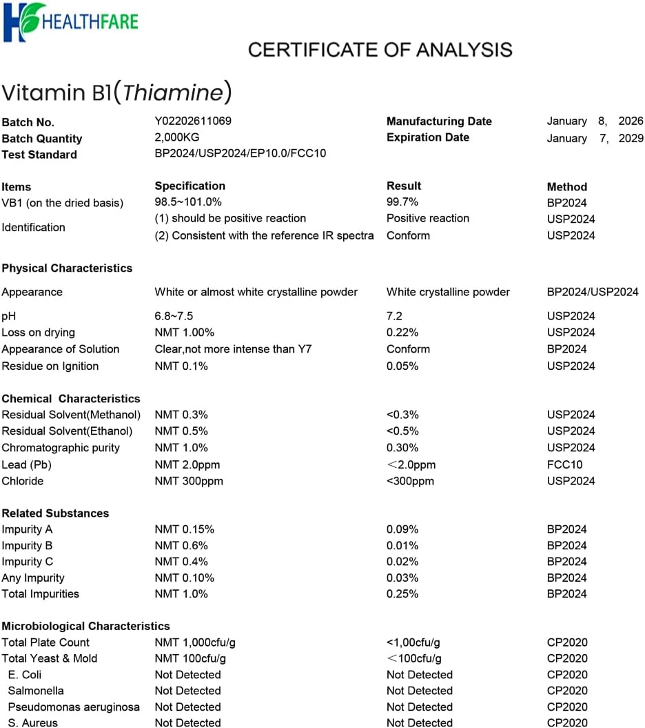 Healthfare Vitamina B1 100mg | 60 Cápsulas | Suplemento de Tiamina