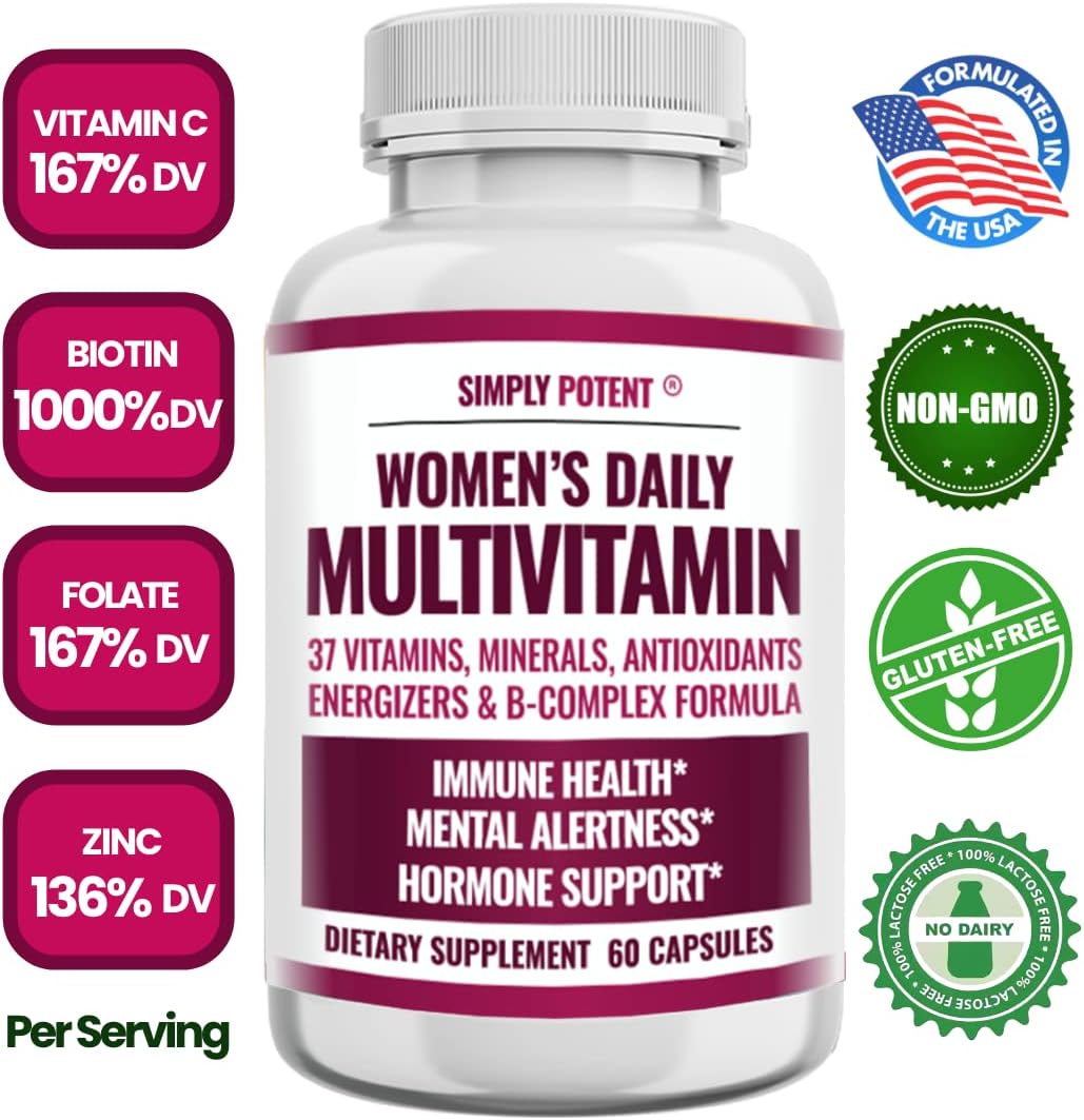 Simply Potent Multivitamínico para Mujeres – 37 Vitaminas y Minerales con Biotina, Té Verde y Complejo B, 60 Cápsulas