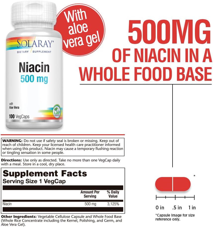 SOLARAY Niacin 500 mg - Vitamin B3 for Skin, Nervous System, and Circulation Health - 100 Capsules