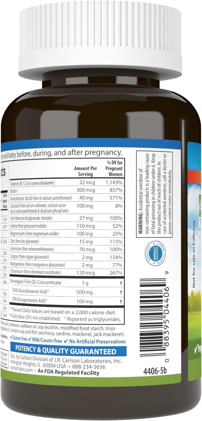 Carlson Prenatal, Multivitamínico con DHA y Vitamina D3, 60 Cápsulas Blandas