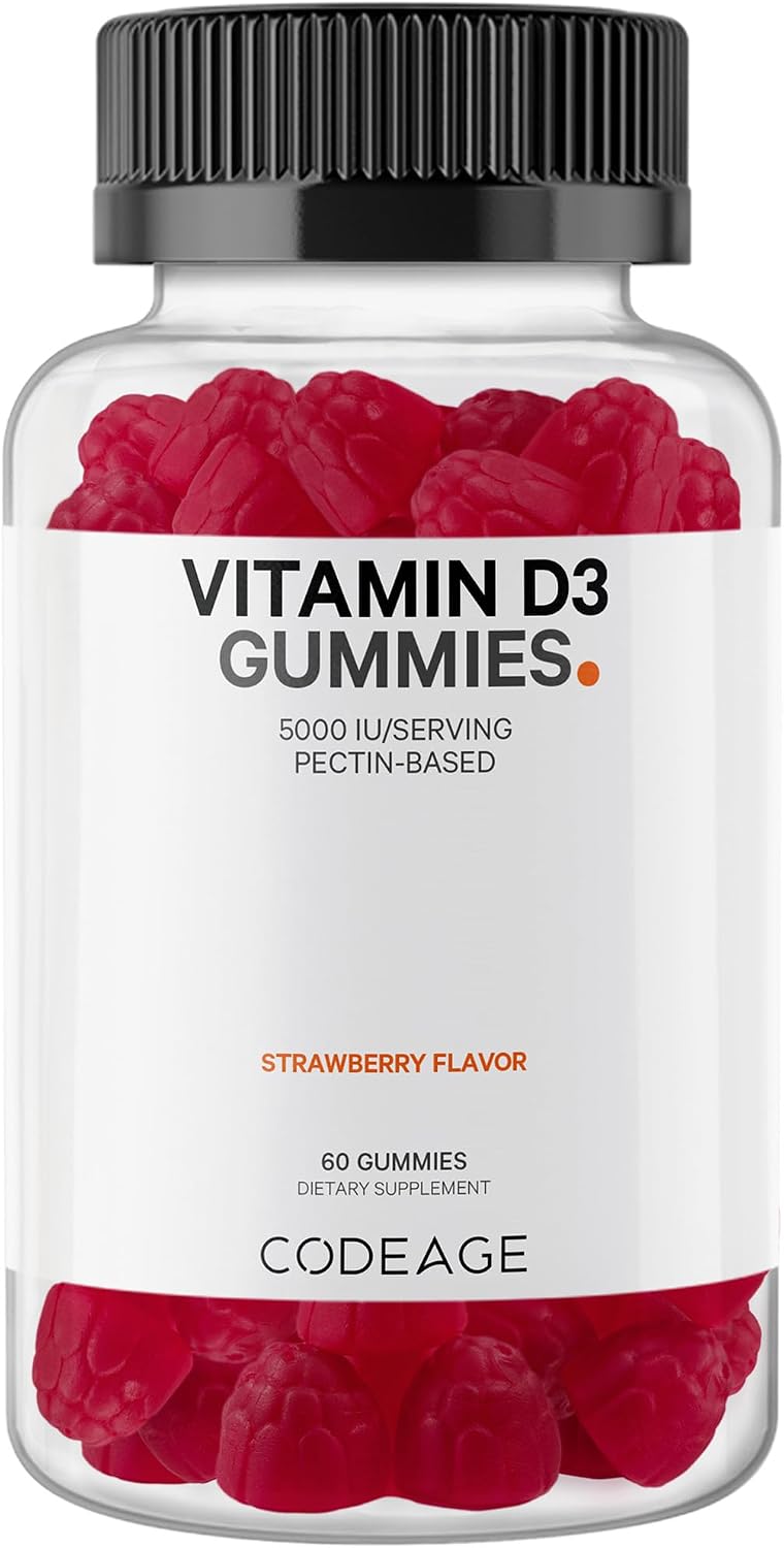 Codeage Vitamina D3 Gominolas, 5000 UI (125 mcg) de Colecalciferol, 60 Gominolas - Sabor Fresa, Sin Gelatina, Sin Gluten
