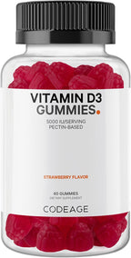 Codeage Vitamina D3 Gominolas, 5000 UI (125 mcg) de Colecalciferol, 60 Gominolas - Sabor Fresa, Sin Gelatina, Sin Gluten
