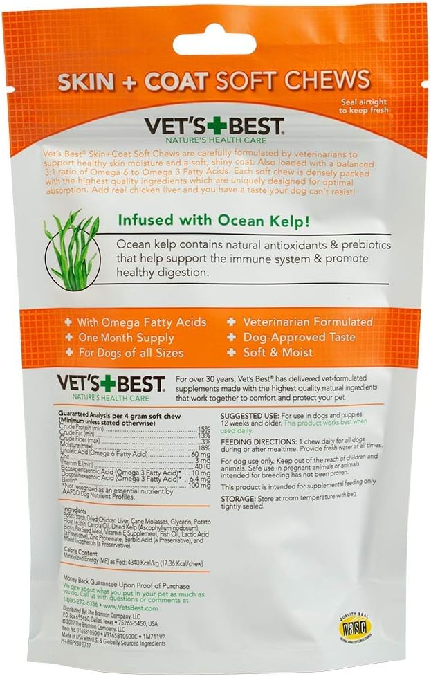 Vet's Best - Suplementos para la Piel y el Pelaje de Perros con Vitamina E y Biotina, 30 Masticables Blandos
