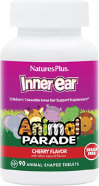 NaturesPlus Animal Parade Inner Ear Support · Probiótico Infantil Masticable · 90 Comprimidos con Sabor a Cereza