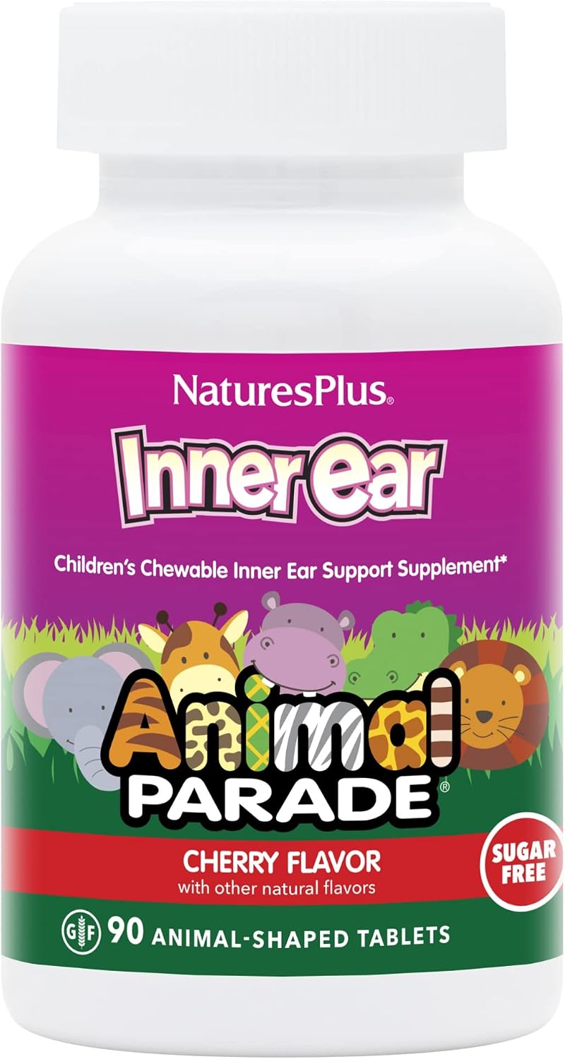 NaturesPlus Animal Parade Inner Ear Support · Probiótico Infantil Masticable · 90 Comprimidos con Sabor a Cereza