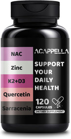 ACAPPELLA N-Acetil Cisteína (NAC) Complejo con Vitamina D3 K2, Zinc, Quercetina, Sarracenia, Saúco, Propóleo y Más - 120 Cápsulas