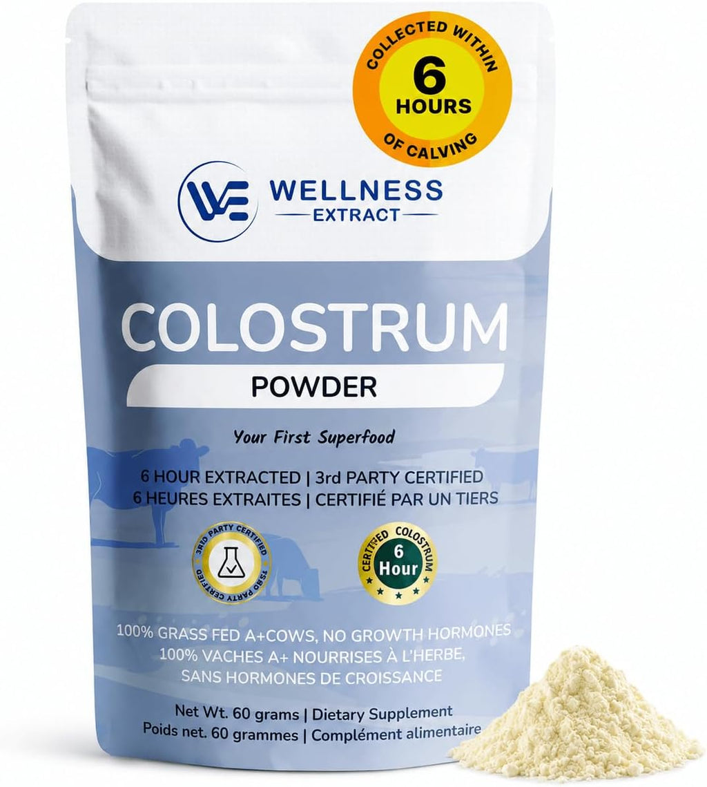 WELLNESS EXTRACT Calostro Bovino en Polvo con Lactoferrina, Complemento Alimenticio de Calostro Orgánico de Pasto, Rico en IgG e IgA, Sin Sabor, 60g