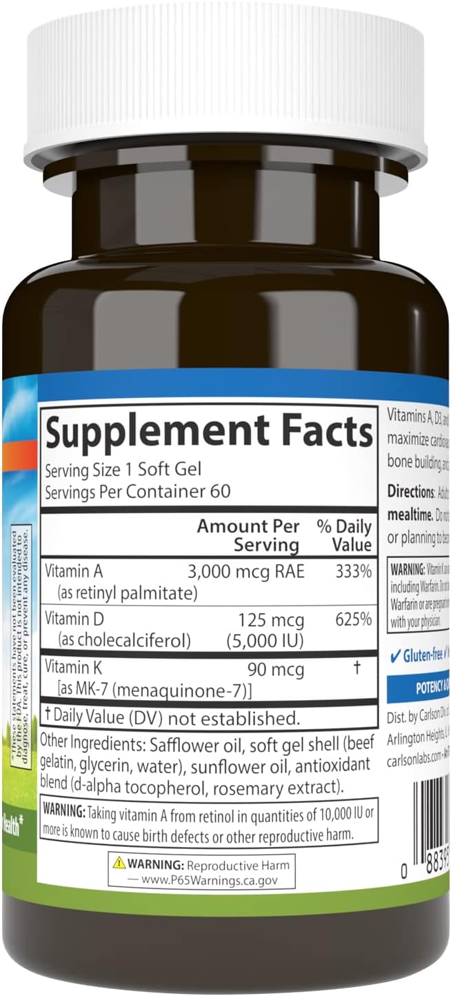 Carlson Vitaminas A, D3, K2 (MK-7) - 3000 mcg RAE Vitamina A, 125 mcg Vitamina D3, 90 mcg Vitamina K2 - 60 Cápsulas Blandas