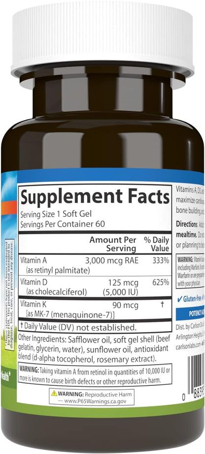 Carlson Vitaminas A, D3, K2 (MK-7) - 3000 – Vitamina K: contribuye a la coagulación sanguínea normal y al – Image 2