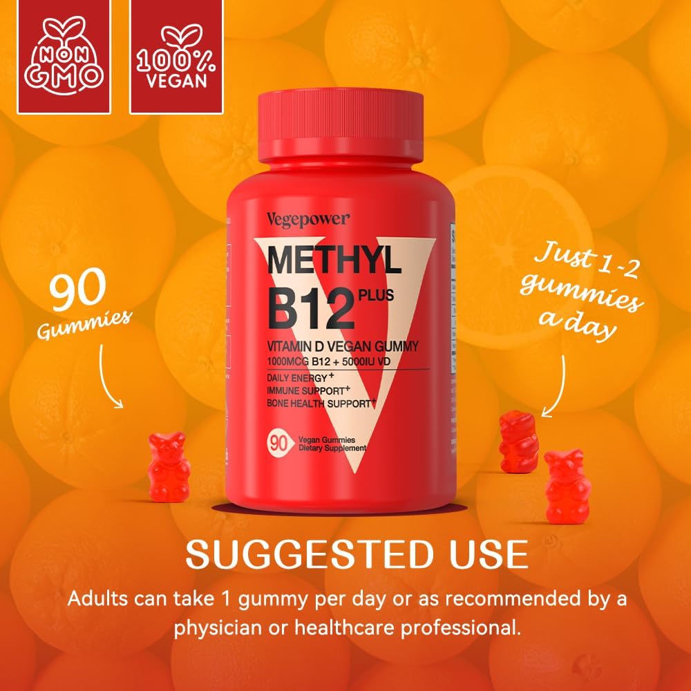 VEGEPOWER Gominolas Veganas de Vitamina D3 y B12, Metilcobalamina, para Adultos y Niños, Sabor Naranja, 90 Gominolas