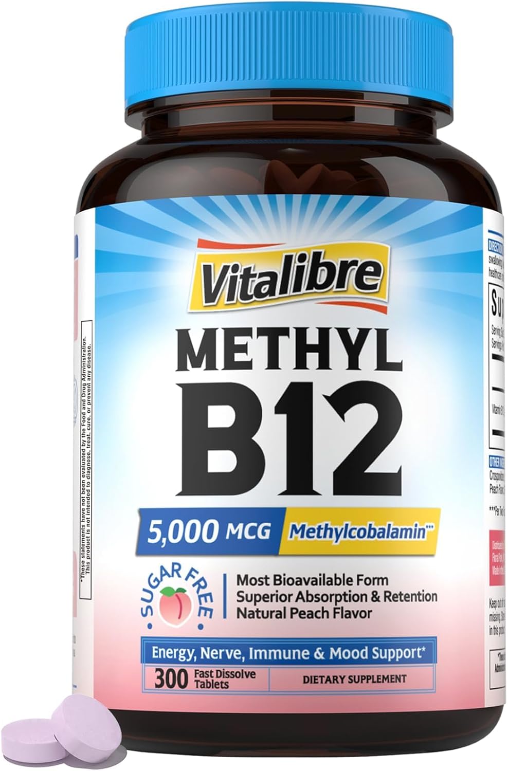 Vitalibre Vitamina B12 Sublingual 5000 mcg Metilcobalamina - 120 Comprimidos de Disolución Rápida Sabor Melocotón