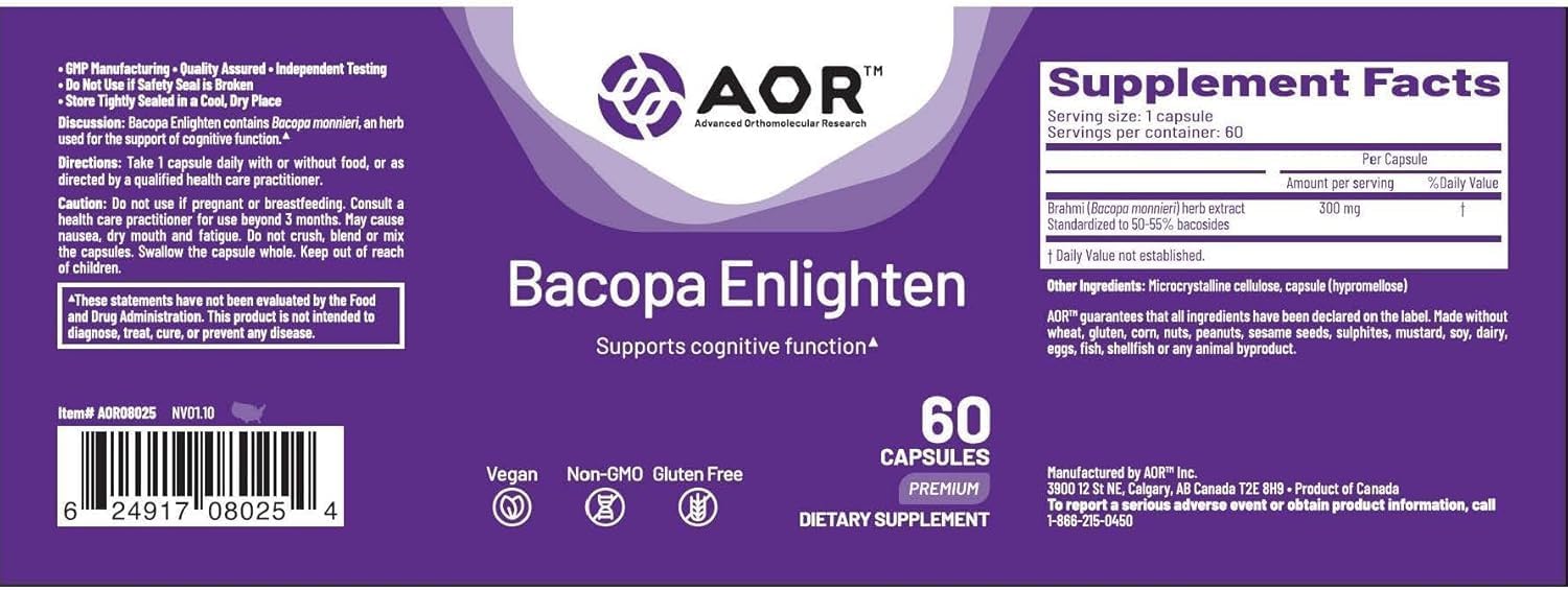 AOR Bacopa Enlighten 300 mg, 60 Cápsulas Veganas, Extracto de Bacopa Monnieri, Fórmula Vegana, Sin OGM, Sin Gluten, Hecho en Canadá