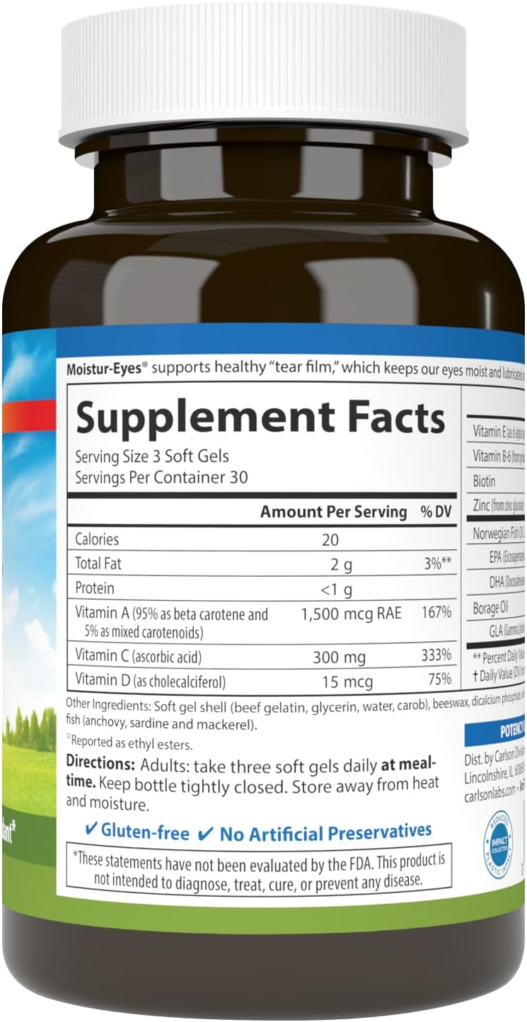 Carlson - Moistur-Eyes, Specialized Eye Formula, Promotes and Maintains Normal Eye Moisture, 90 Soft Gels