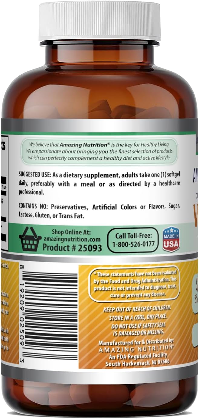 Amazing Formulas Vitamina D3 con Aceite de Coco - 5000 IU - 180 Cápsulas Blandas