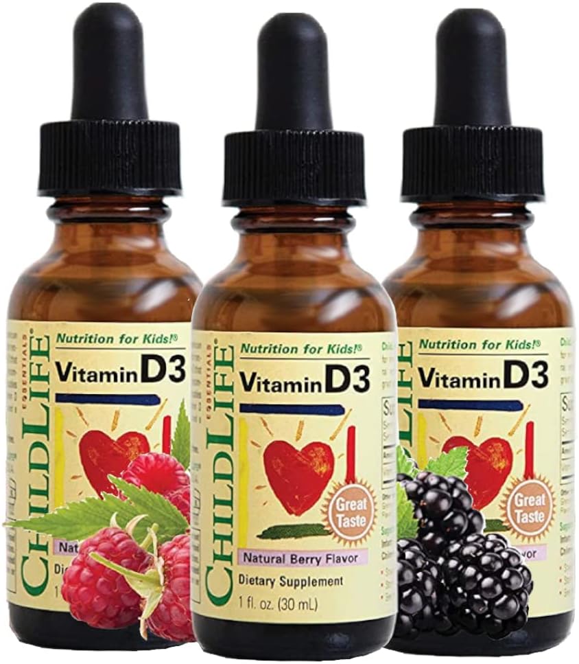 ChildLife Essentials Gotas de Vitamina D3 para Bebés, Niños y Pequeños - 500 UI, Sabor Natural Berry, 3 x 30 ml