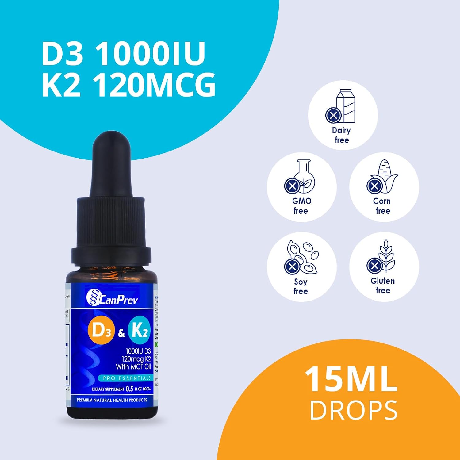 CanPrev D3 & K2 Drops - Gotas líquidas de vitamina D3 y K2 MK-7 con MCT, 15 ml (450 gotas)