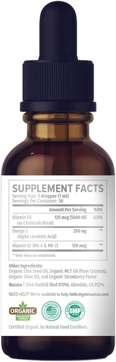 NUSAVA Vitamina D3 K2 Líquida Orgánica con Omega-3 - 5000 UI D3, 120 mcg K2 - 2 Pack (60 ml cada uno) Sabor Fresa