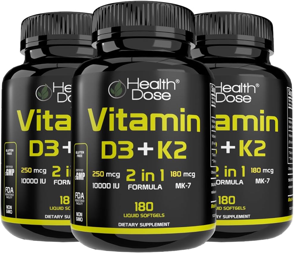 Health Dose Vitamina D3 10.000 UI + K2 (MK7) Suplemento, 180 cápsulas blandas