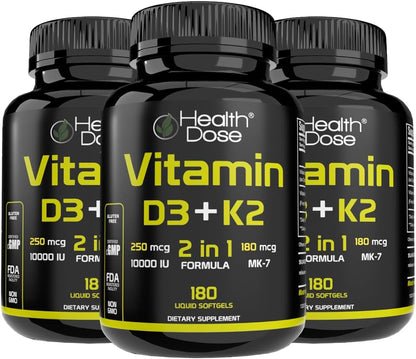 Health Dose Vitamina D3 10.000 UI + K2 (MK7) - 180 Cápsulas Blandas – Image 1