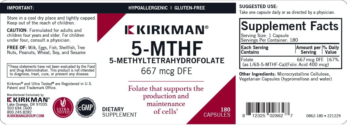 Kirkman 5-MTHF - 5-Metiltetrahidrofolato - Folato Activo para el Mantenimiento Celular