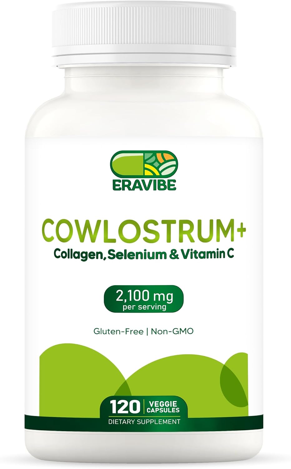 ERAVIBE Suplemento de Calostro 4 en 1, Colágeno, Selenio y Vitamina C - 2100 mg - 120 Cápsulas Veganas