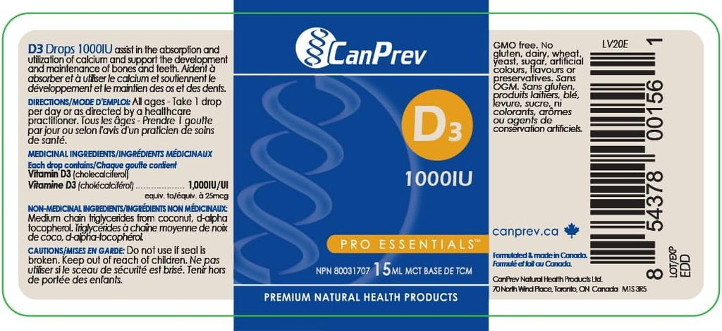 CanPrev D3 Drops 1000 UI - Gotas de Vitamina D3 en Aceite MCT