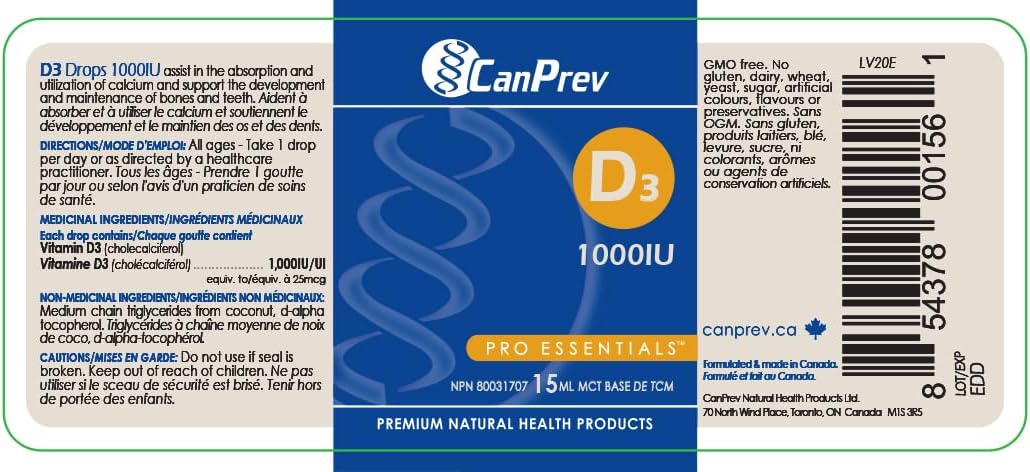 CanPrev D3 Drops 1000 UI - Gotas de Vitamina D3 en Aceite MCT