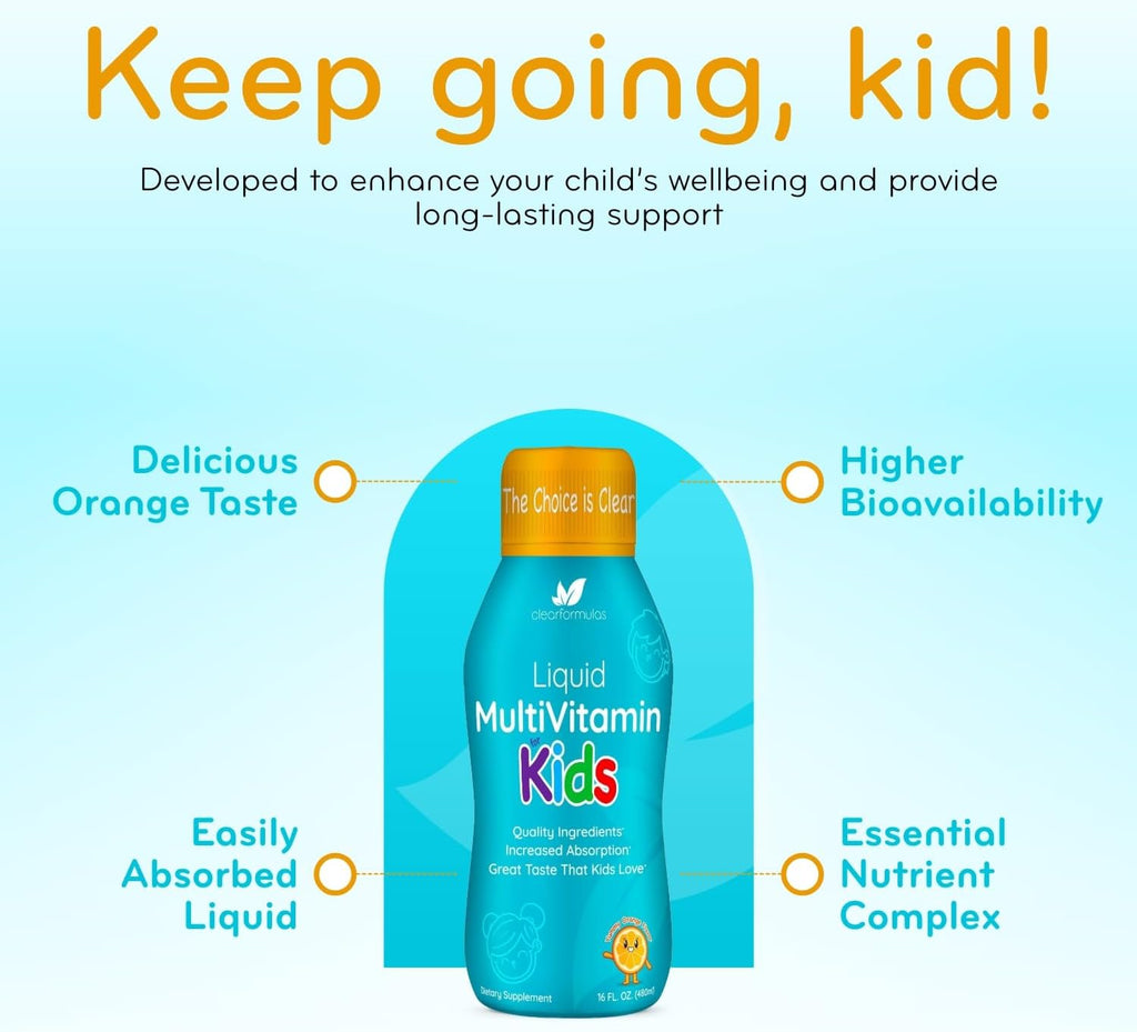 Multivitamínico Líquido Sin Azúcar para Niños - Vitaminas A, C, D, E, Complejo B + Quercetina - Sabor Naranja - 1 Mes