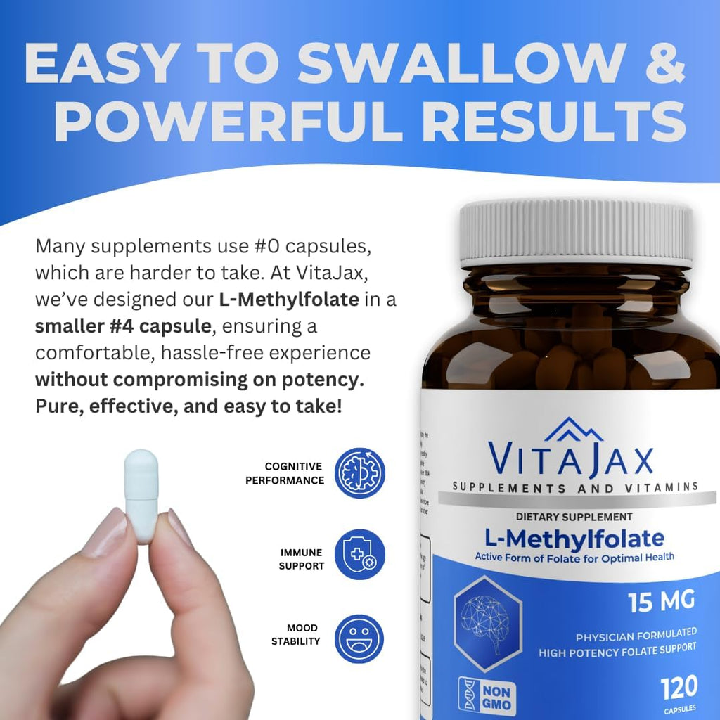 L-Metilfolato 15 mg | 120 Cápsulas | Potencia Máxima | Folato Activo | Sin Gluten | VITAJAX