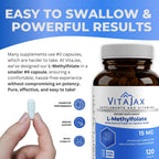 L-Metilfolato 15 mg | 120 Cápsulas | Potencia Máxima | Folato Activo | Sin Gluten | VITAJAX