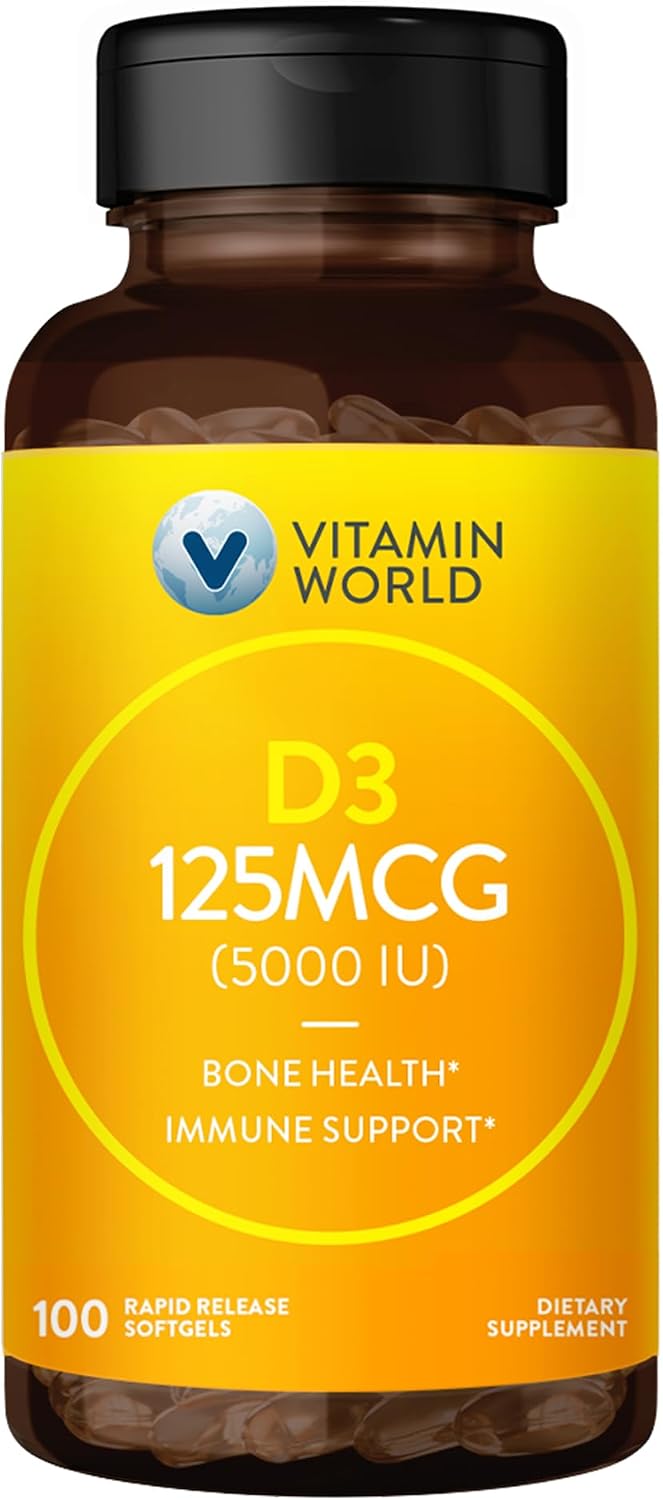 Vitamin World Vitamina D3 5000 UI 100 Cápsulas Blandas - Alta Potencia, Biodisponible, Para la Salud Ósea y el Sistema Inmunitario, Liberación Rápida, Sin Gluten