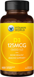 Vitamin World Vitamina D3 5000 UI 100 Cápsulas Blandas - Alta Potencia, Biodisponible, Para la Salud Ósea y el Sistema Inmunitario, Liberación Rápida, Sin Gluten