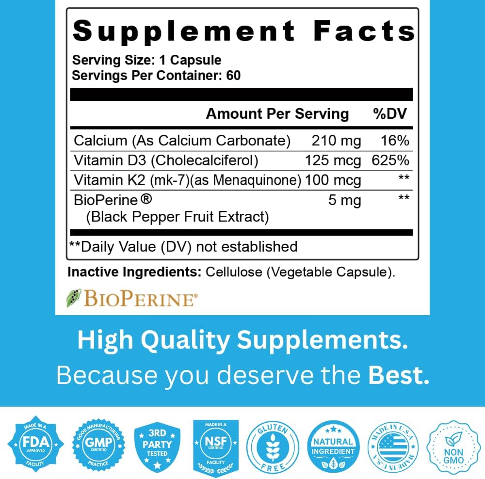 Vitamina K2 D3 con Calcio y Bioperina, 60 Cápsulas